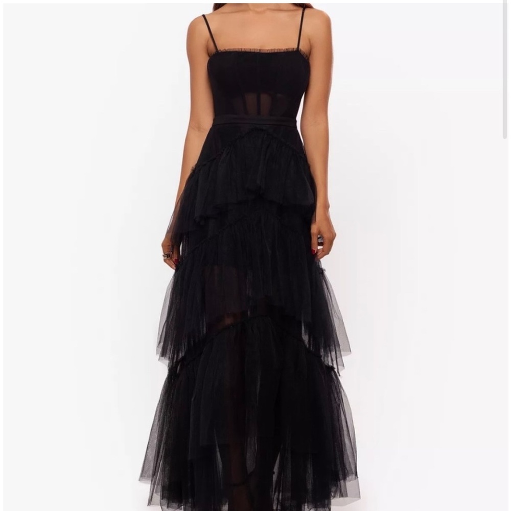 Betsy Adam Black Corsette Tiered Tulle Evening Gown NWT
